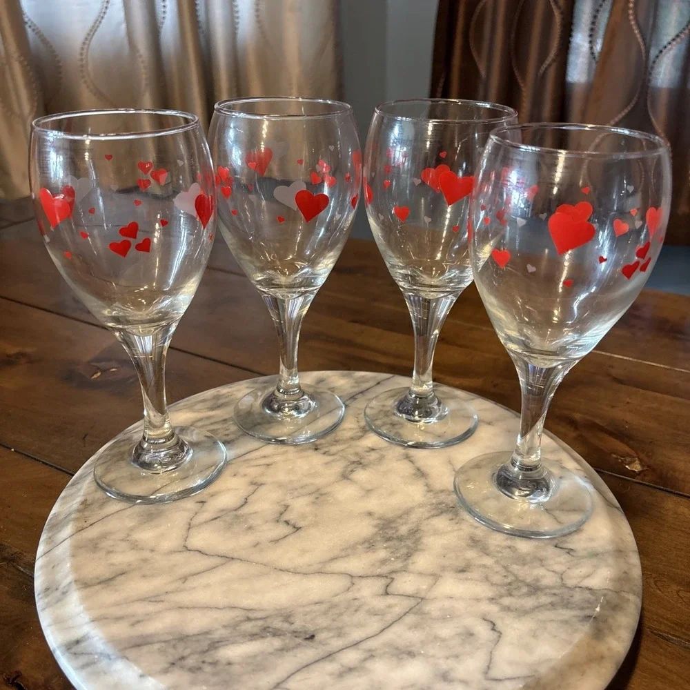 4pc VTG Libbey Heart Wine Water Goblets Red & Frosted Hearts Valentine's Day